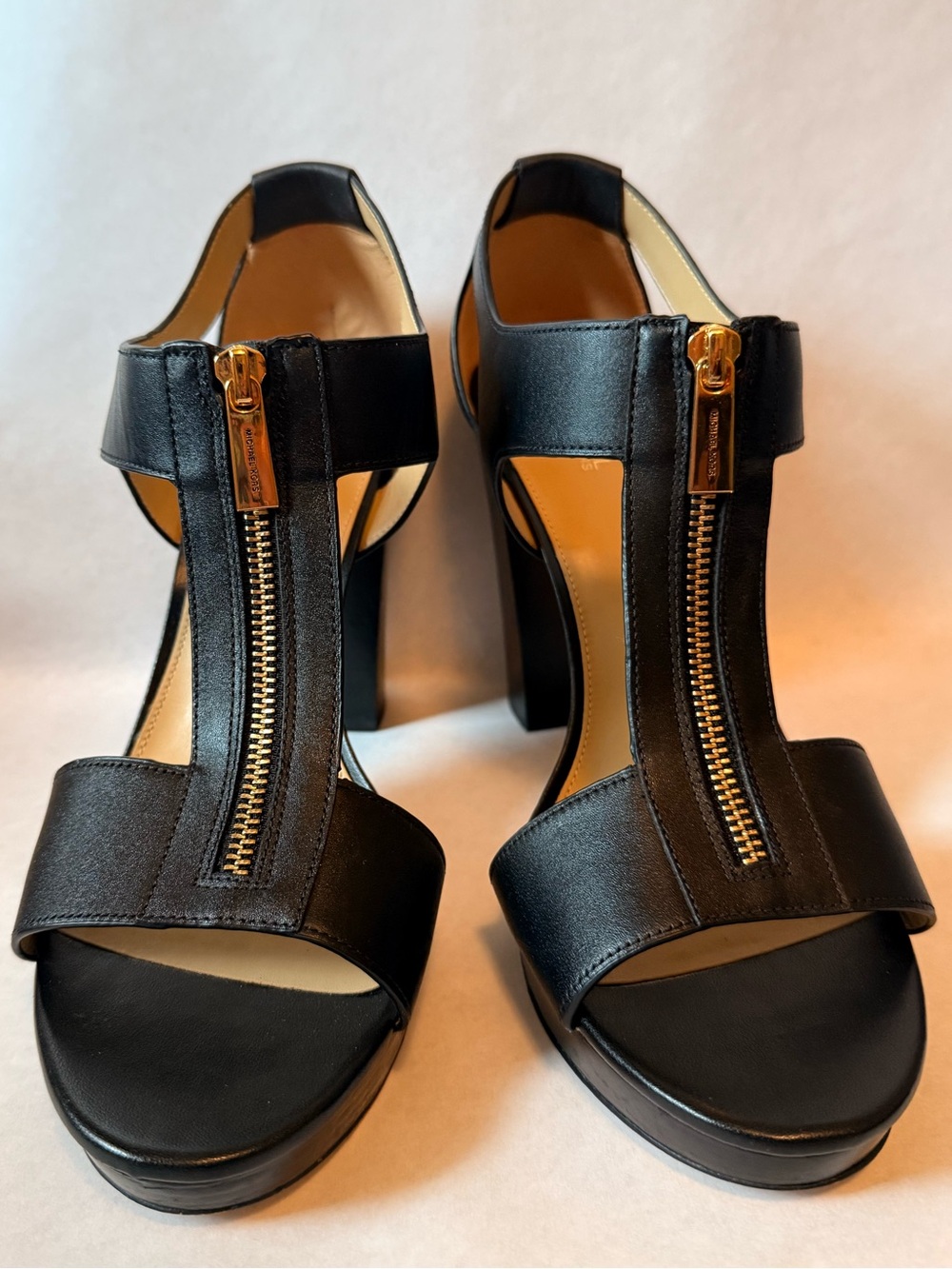 Michael Kors Black T-Strap Sandals with Gold Zippers